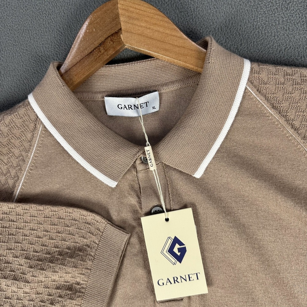 Garnet Polo Shirt Mens XL Vicuna Brown Sweater Knit Quiet Luxury Minimalist New